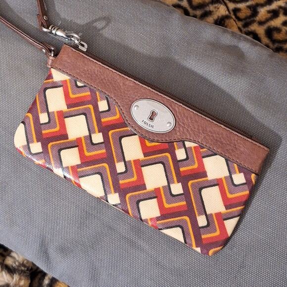 Fossil Key-Per Wristlet 7" x 4" Coated Canvas Leather Retro Geometric Clutch - Picture 1 of 8